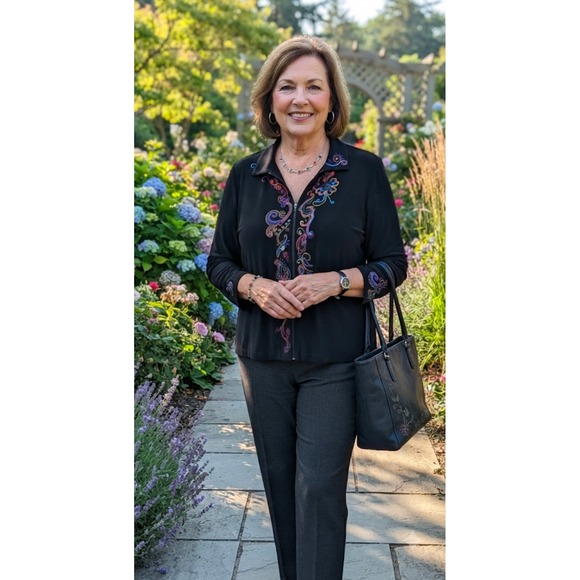 Chico's Jackets & Blazers - Chicos Travelers Black Embroidered Zip Front Jacket Paisley Floral Size 2 L